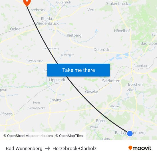 Bad Wünnenberg to Herzebrock-Clarholz map