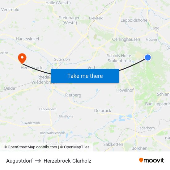 Augustdorf to Herzebrock-Clarholz map