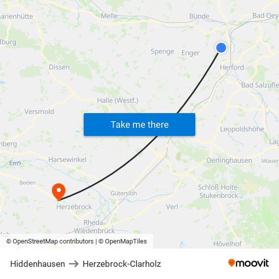 Hiddenhausen to Herzebrock-Clarholz map