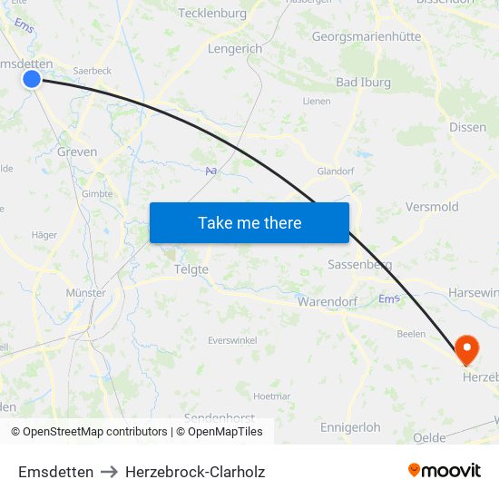 Emsdetten to Herzebrock-Clarholz map