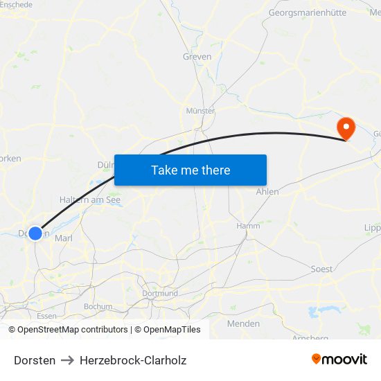 Dorsten to Herzebrock-Clarholz map