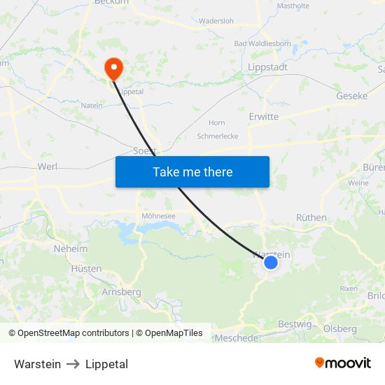 Warstein to Lippetal map