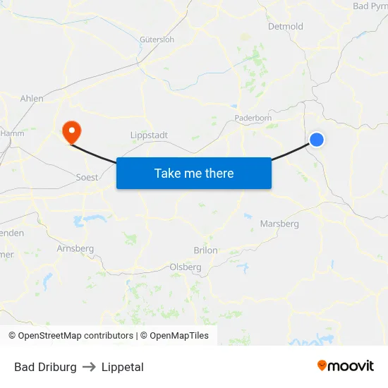 Bad Driburg to Lippetal map