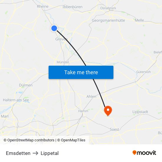 Emsdetten to Lippetal map