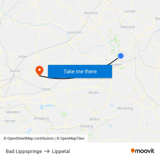 Bad Lippspringe to Lippetal map