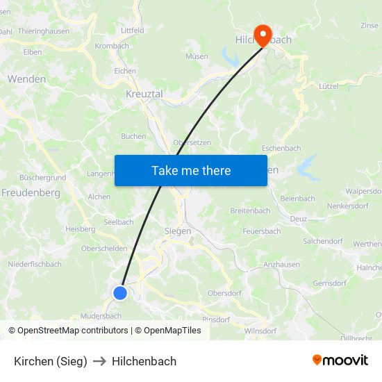 Kirchen (Sieg) to Hilchenbach map