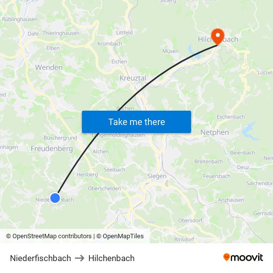 Niederfischbach to Hilchenbach map