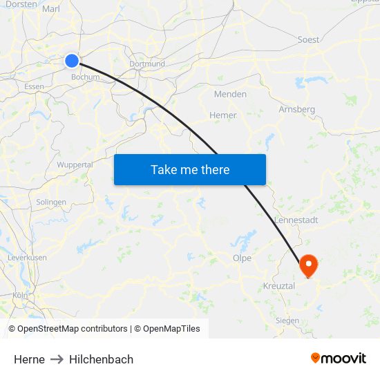 Herne to Hilchenbach map