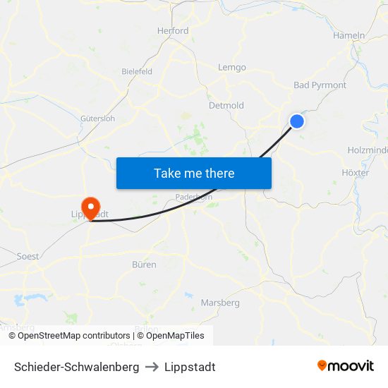 Schieder-Schwalenberg to Lippstadt map