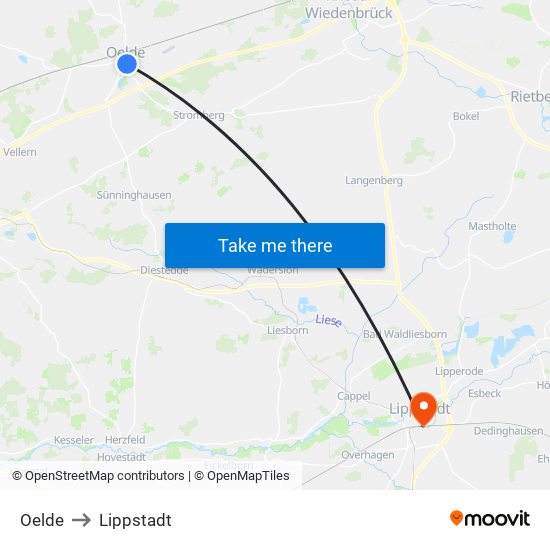 Oelde to Lippstadt map