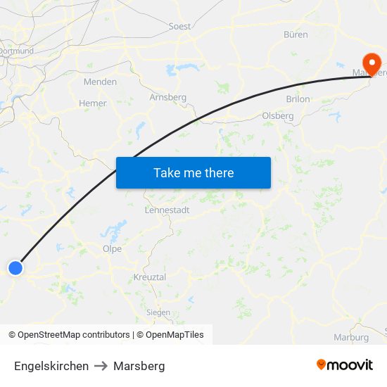 Engelskirchen to Marsberg map