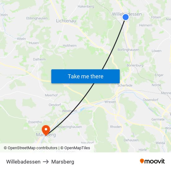 Willebadessen to Marsberg map