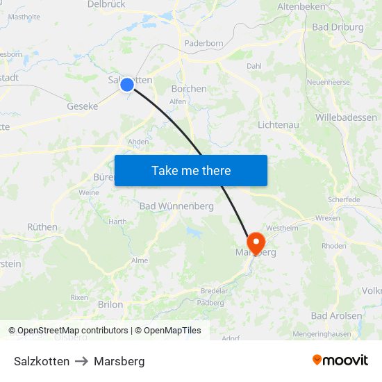 Salzkotten to Marsberg map