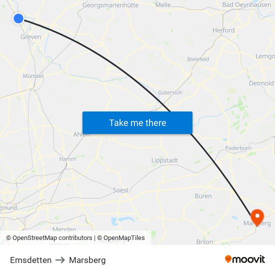 Emsdetten to Marsberg map