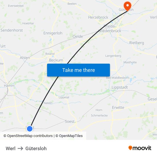 Werl to Gütersloh map