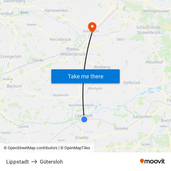 Lippstadt to Gütersloh map