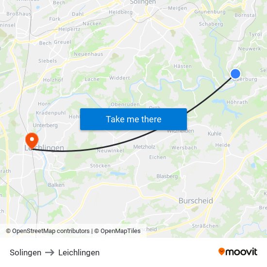 Solingen to Leichlingen map