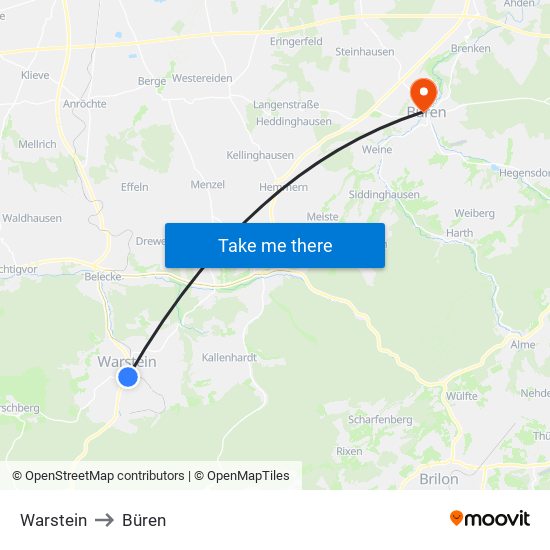 Warstein to Büren map
