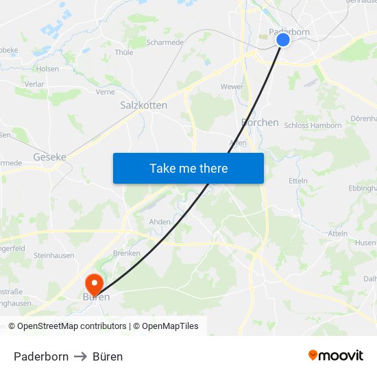 Paderborn to Büren map