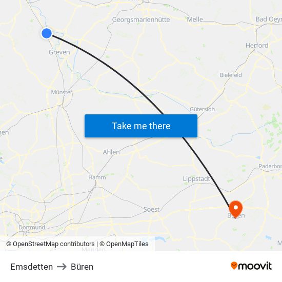 Emsdetten to Büren map