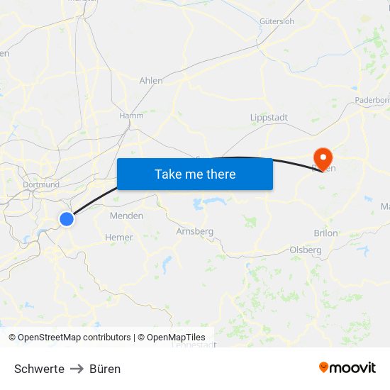 Schwerte to Büren map