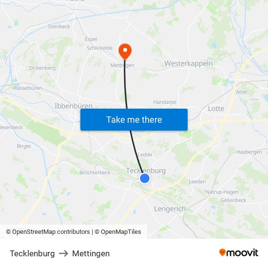 Tecklenburg to Mettingen map