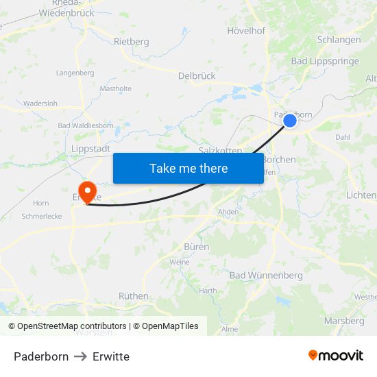 Paderborn to Erwitte map