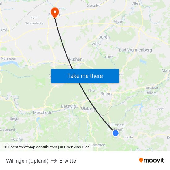 Willingen (Upland) to Erwitte map