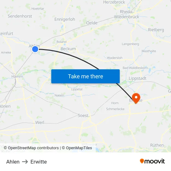 Ahlen to Erwitte map