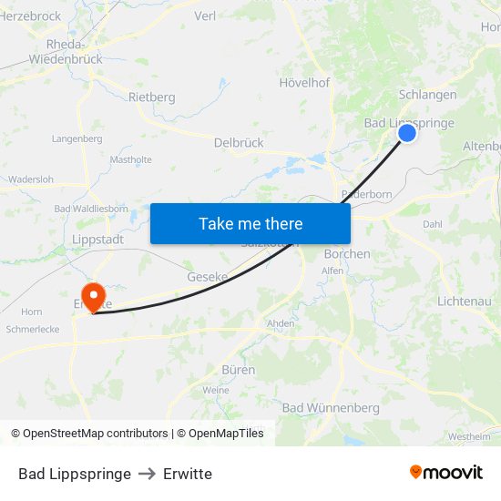 Bad Lippspringe to Erwitte map