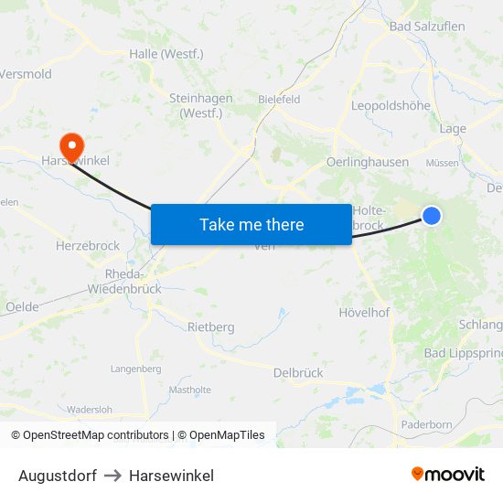 Augustdorf to Harsewinkel map