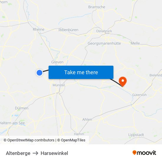 Altenberge to Harsewinkel map