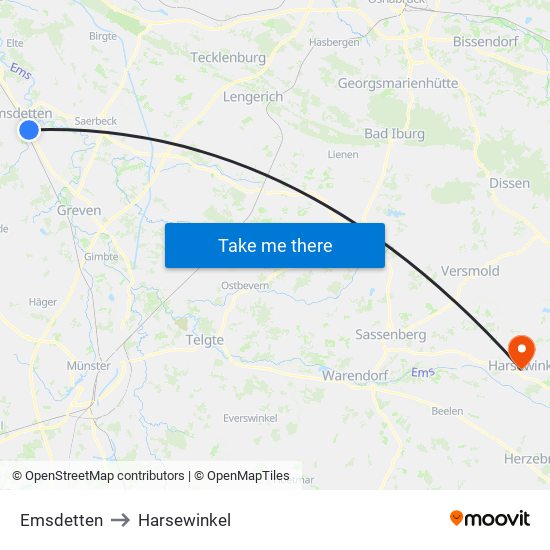 Emsdetten to Harsewinkel map