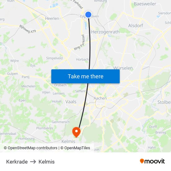 Kerkrade to Kelmis map