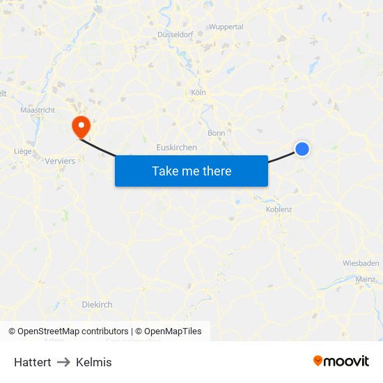 Hattert to Kelmis map