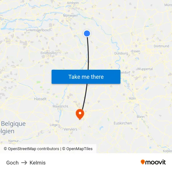 Goch to Kelmis map