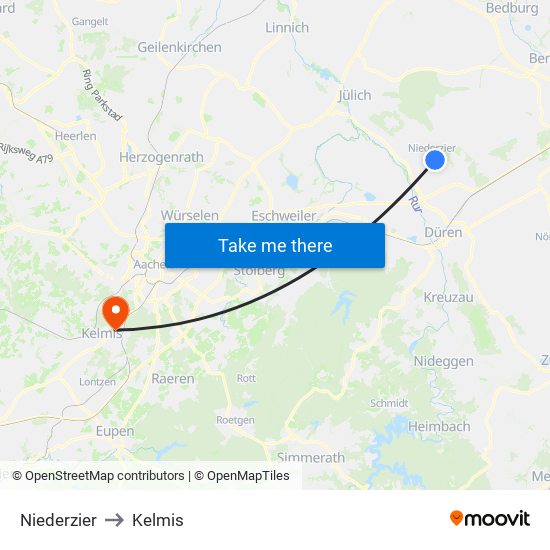 Niederzier to Kelmis map