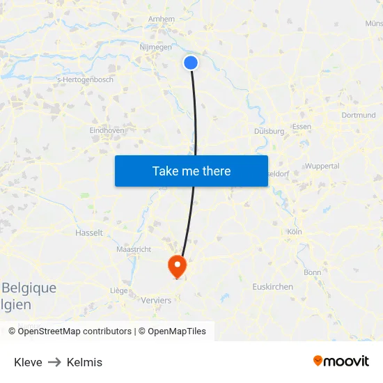 Kleve to Kelmis map