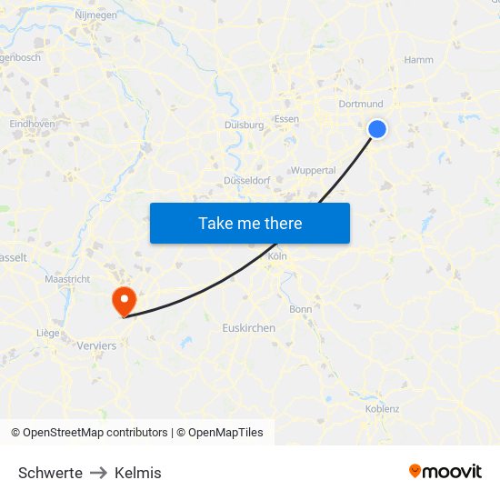 Schwerte to Kelmis map