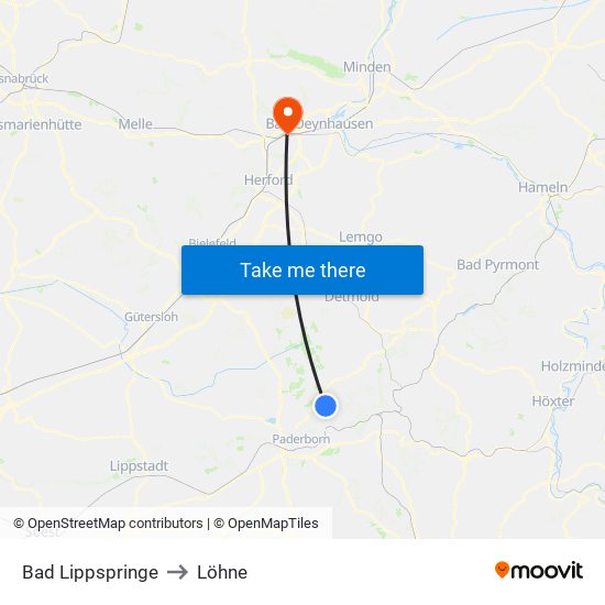 Bad Lippspringe to Löhne map