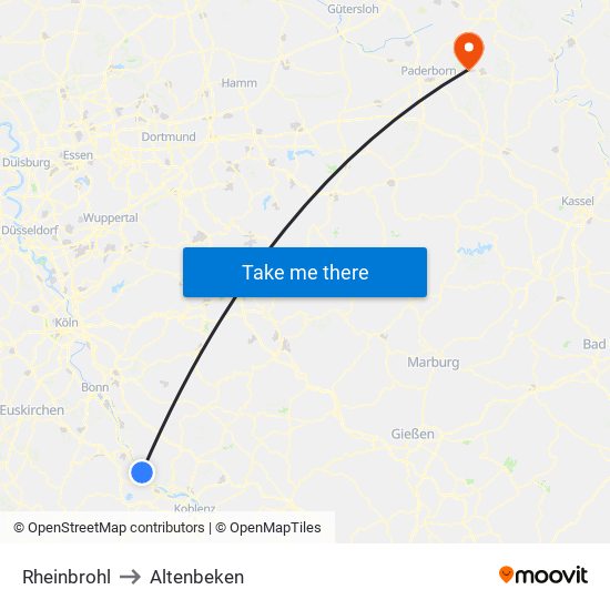 Rheinbrohl to Altenbeken map