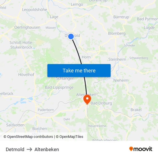 Detmold to Altenbeken map