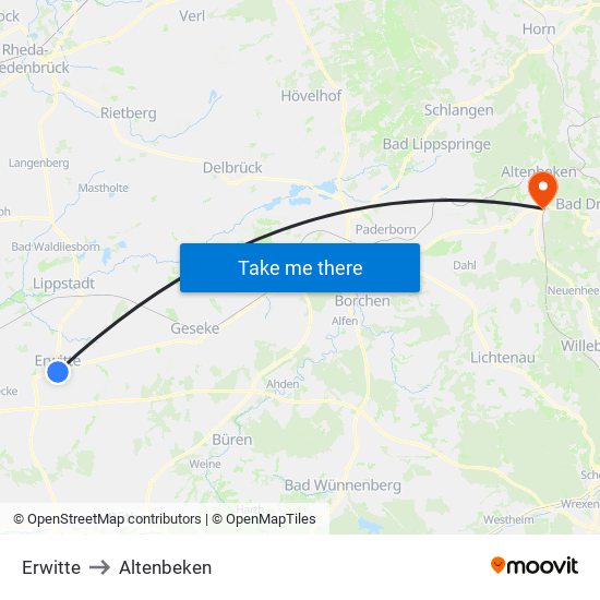 Erwitte to Altenbeken map