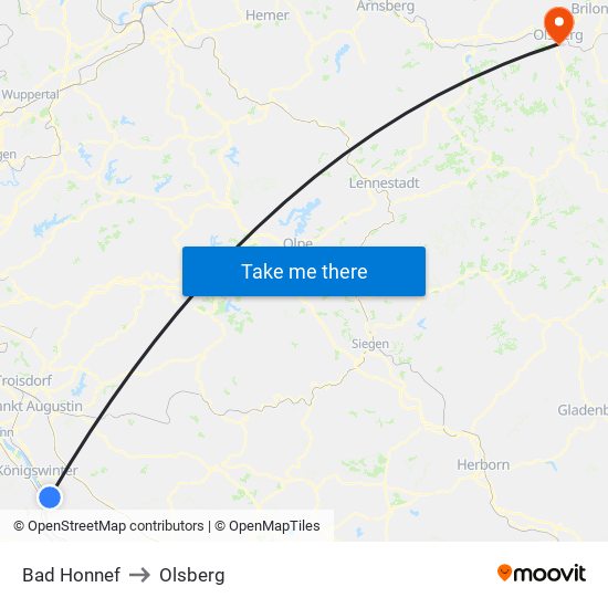 Bad Honnef to Olsberg map