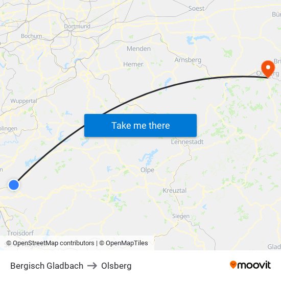 Bergisch Gladbach to Olsberg map