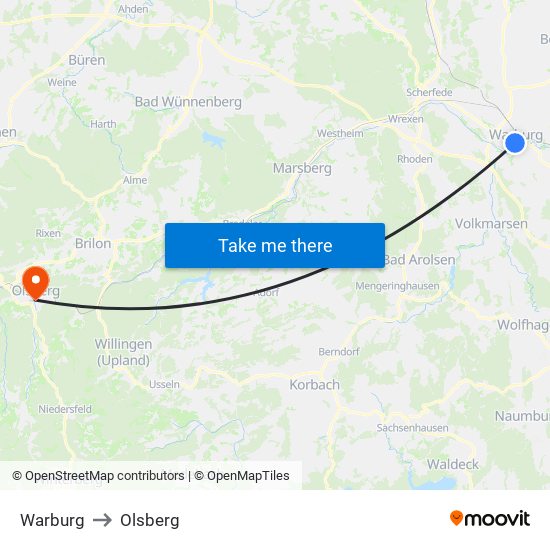 Warburg to Olsberg map