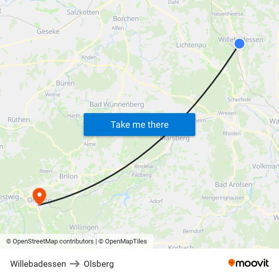 Willebadessen to Olsberg map
