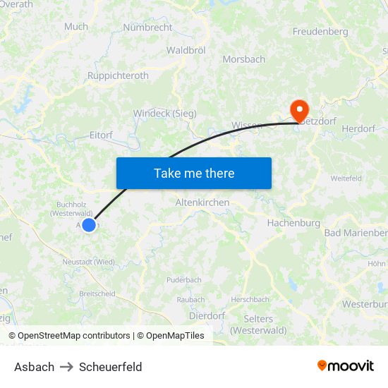 Asbach to Scheuerfeld map