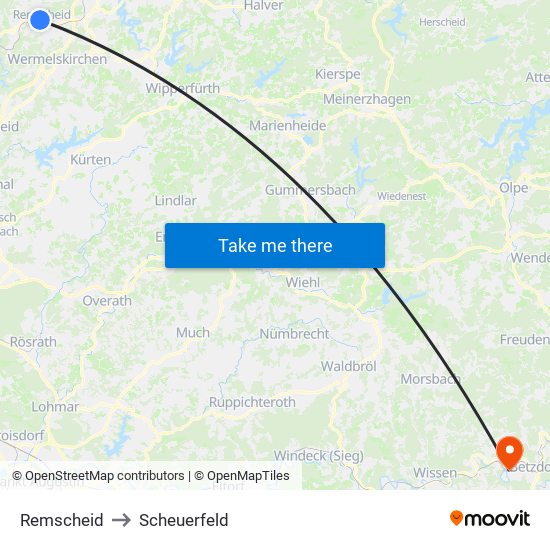 Remscheid to Scheuerfeld map