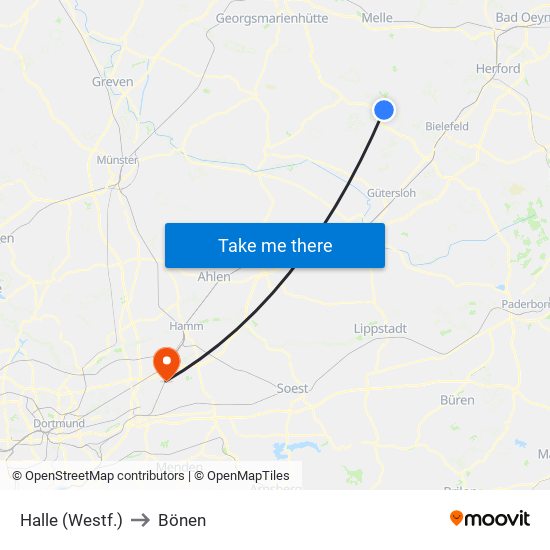 Halle (Westf.) to Bönen map